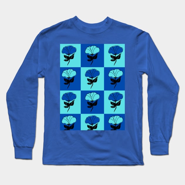 Blue Rose Flower Pattern Long Sleeve T-Shirt by TharuDilini